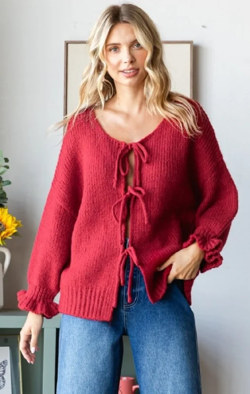 Tasseled Knit TopsTie Front Knit Sweater