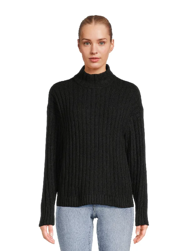 Longline Knit TopsTime and Tru Women's Mock Neck Rib Knit Sweater, Midweight, Sizes XS-XXXL