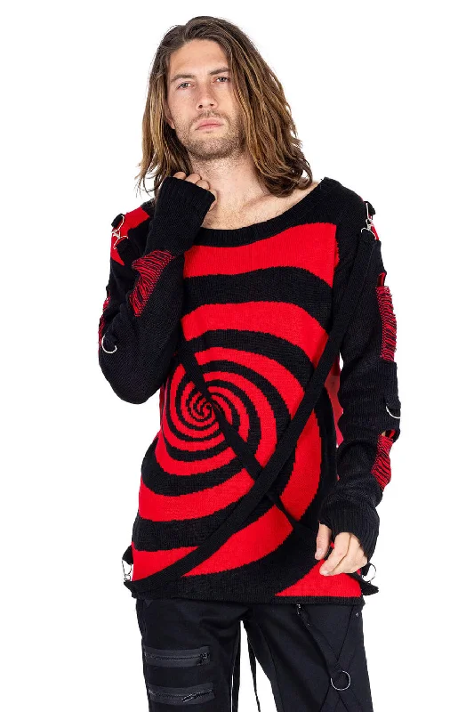 Luxury Knit TopsUnisex Spiral Jumper Sweater [Black/Red]