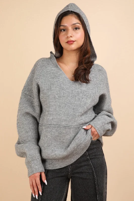 High-Fashion Knit TopsVERY J Seam Detail Drop Shoulder Hooded Sweater