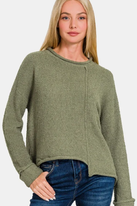 Thermal Knit TopsZenana Asymmetric Hem Drop Shoulder Sweater