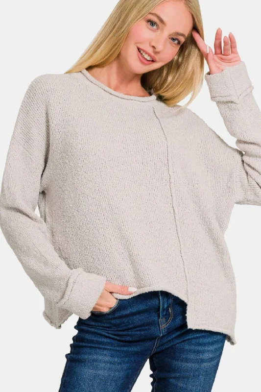 Organic Cotton Knit TopsZenana Asymmetric Hem Drop Shoulder Sweater