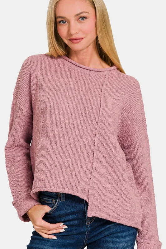 Plush Knit TopsZenana Asymmetric Hem Drop Shoulder Sweater