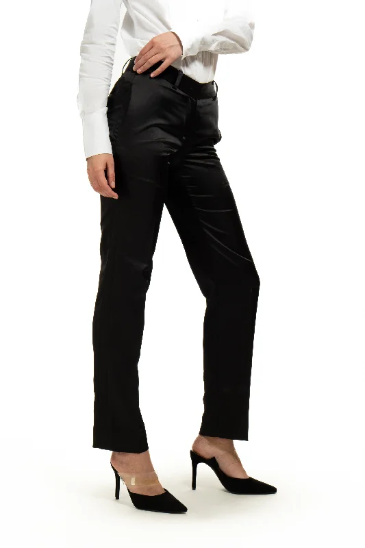 Luxury JacketsBlack Satin Slim Fit Tuxedo Pants w/ Satin Back Pocket