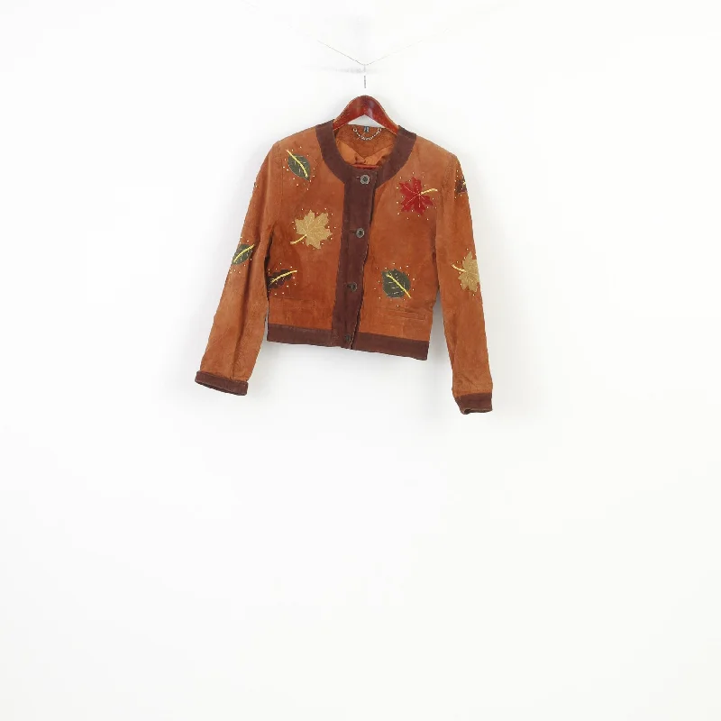 Velvet JacketsC&A Yessica Women 10 36 S Leather Jacket Shoulder Pads Suede Leaves Brown Vintage Bottoms Nature Print Top