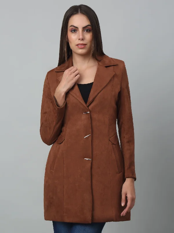 Cotton JacketsWomen's Casual  Brown Single breasted  Notched Lapel Collar Long Coat