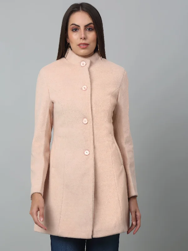 Button-Up JacketsWomen's Casual  Pink Single breasted  Stand Collar Long Coat