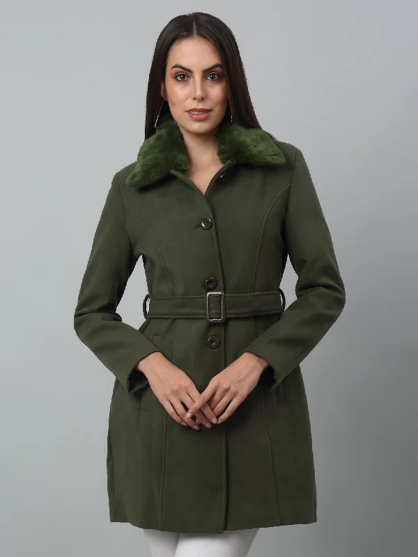 Ruffled JacketsWomen's Casual  Green Single breasted  Faux Fur Spread Collar Long Coat