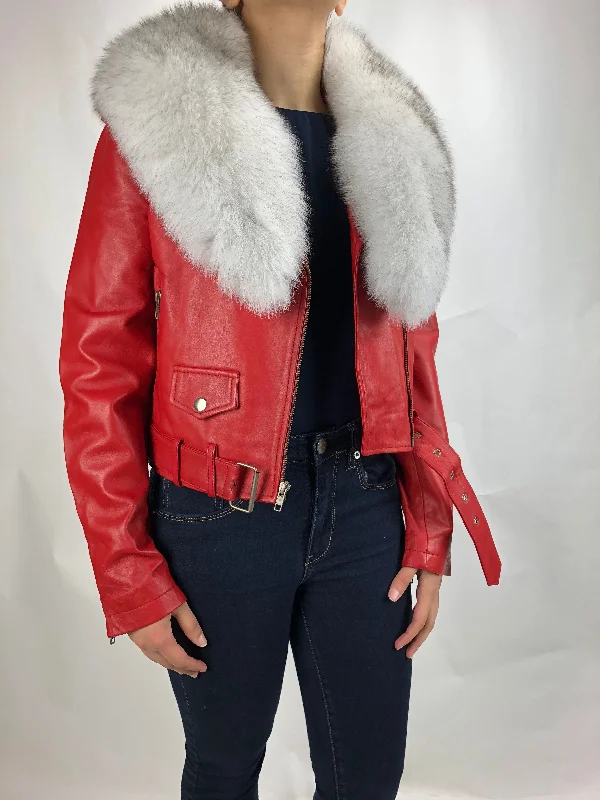 Parka JacketsWomen's Classic Biker Red With Fox Collar [ SLIM FIT]