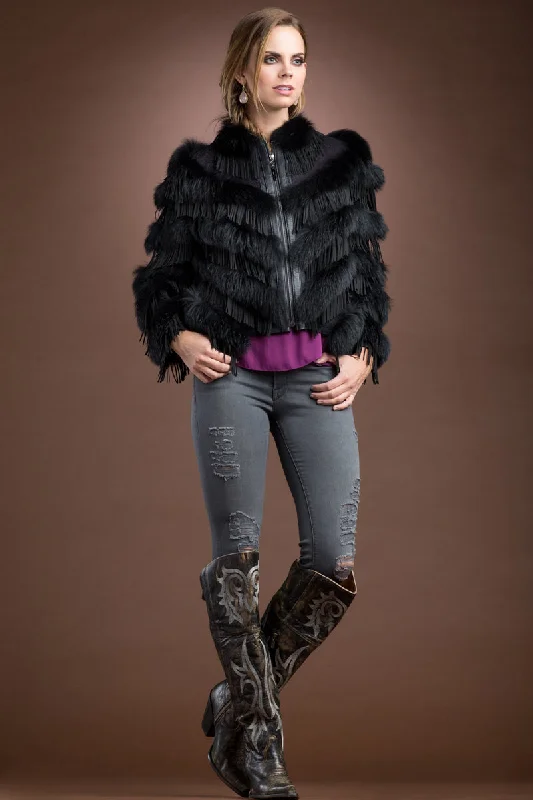 Statement JacketsBlack Fox and Suede Fringe Lace Fur Jacket