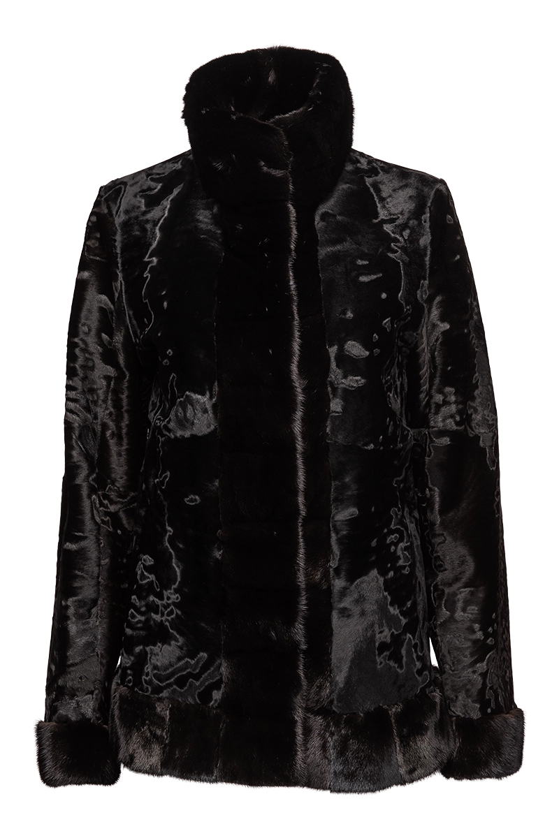 Fishing JacketsBlack Russian Broadtail Fur Jacket - Black Star Mink Fur Details