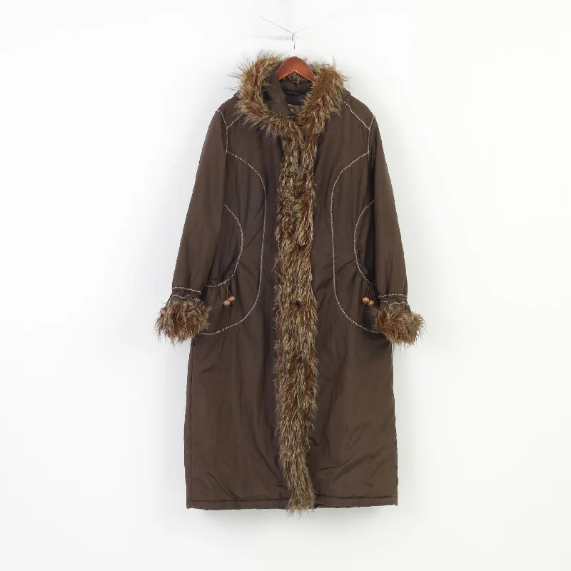 Down JacketsOzzo Women XXL Coat Jacket Brown Padded Fur Hood Pockets Nylon Vintage Top