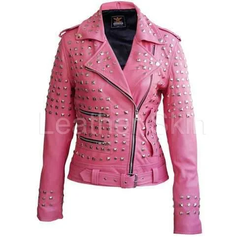 Lace-Up JacketsWomen Pink Leather Jacket