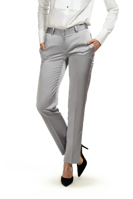 Designer JacketsSilver Gray Satin Slim Fit Tuxedo Pants w/ Satin Back Pocket