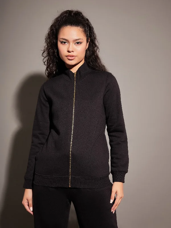 Layered JacketsWomen Black Fleece Zipper Jacket