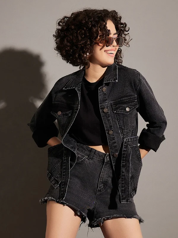 Ski JacketsWomen Black Washed Denim Belted Jacket