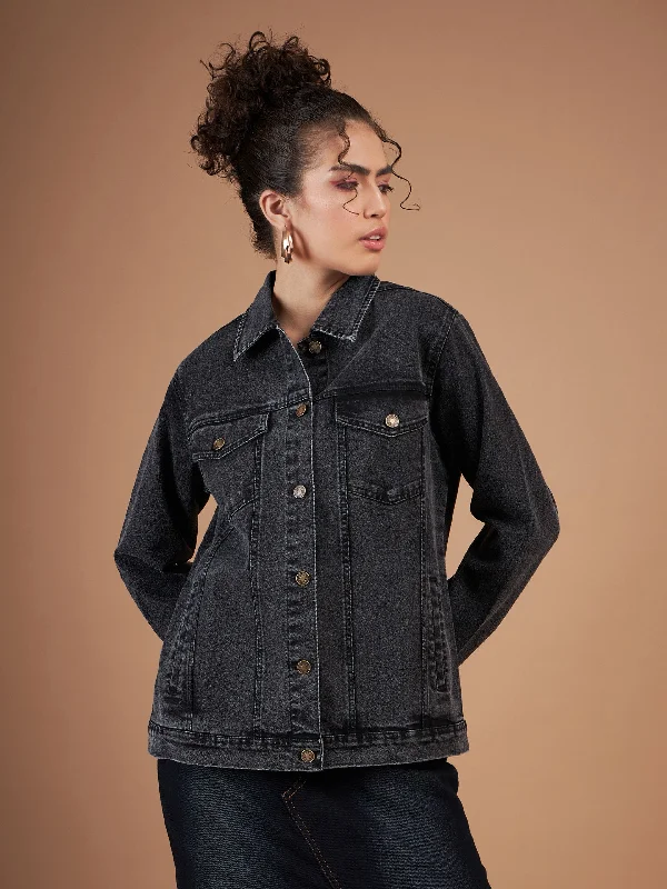 Tasseled JacketsWomen Black Washed Denim Oversized Jacket