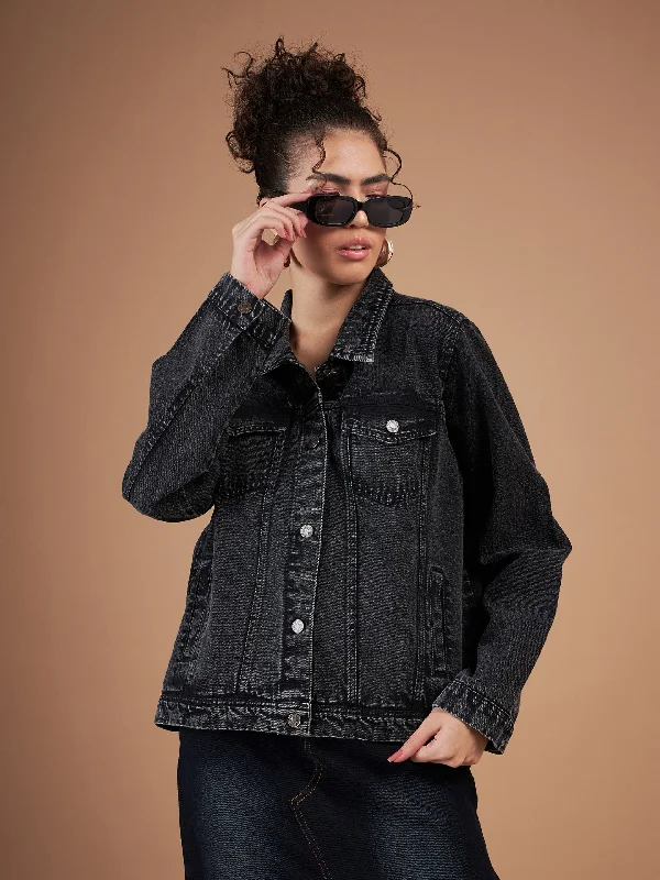 Festival JacketsWomen Black Washed Denim Regular Jacket