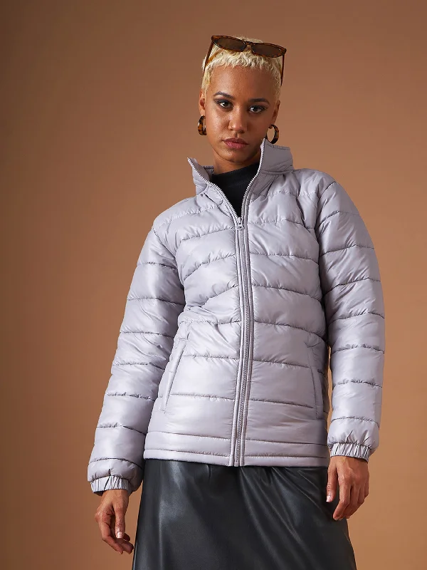 Formal JacketsWomen Grey High Neck Horizontal Quilt Puffer Jacket