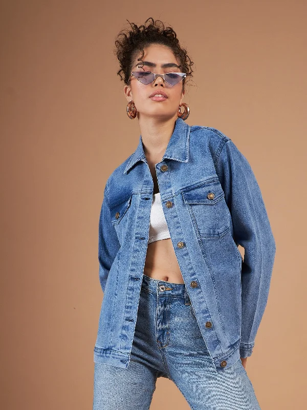 Glitter JacketsWomen Ice Blue Washed Denim Oversized Jacket