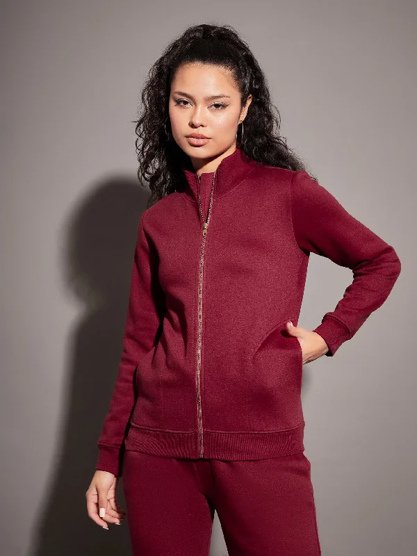 Ruffled JacketsWomen Maroon Fleece Zipper Jacket