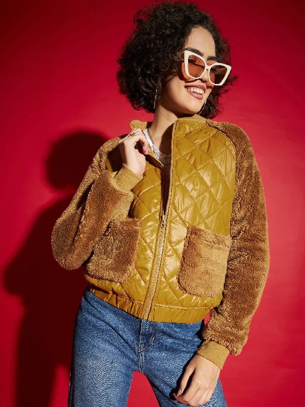 Parka JacketsWomen Mustard Faux Fur Detail Bomber Jacket