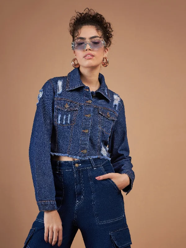 Military JacketsWomen Navy Distressed Denim Crop Jacket