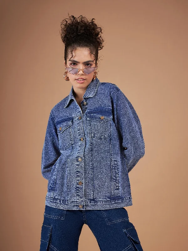 Ski JacketsWomen Navy Washed Denim Oversized Jacket