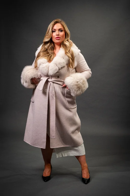 BlazersWomen's Cashmere Trench Coat With Fox Trimming [Cream]