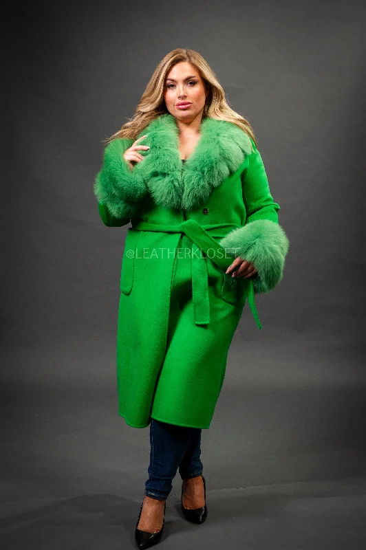 Waterproof JacketsWomen's Cashmere Trench Coat With Fox Trimming [Green]