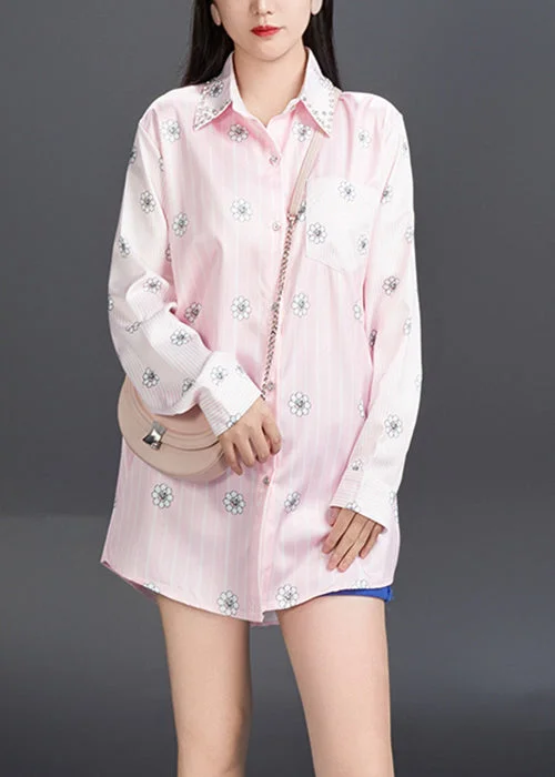 Outdoor ShirtsArt Pink Peter Pan Collar Print Cotton Shirt Fall