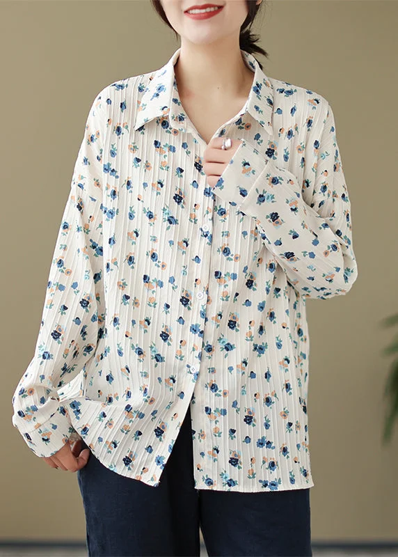 Embellished ShirtsArt White Peter Pan Collar Print Cotton Shirts Fall