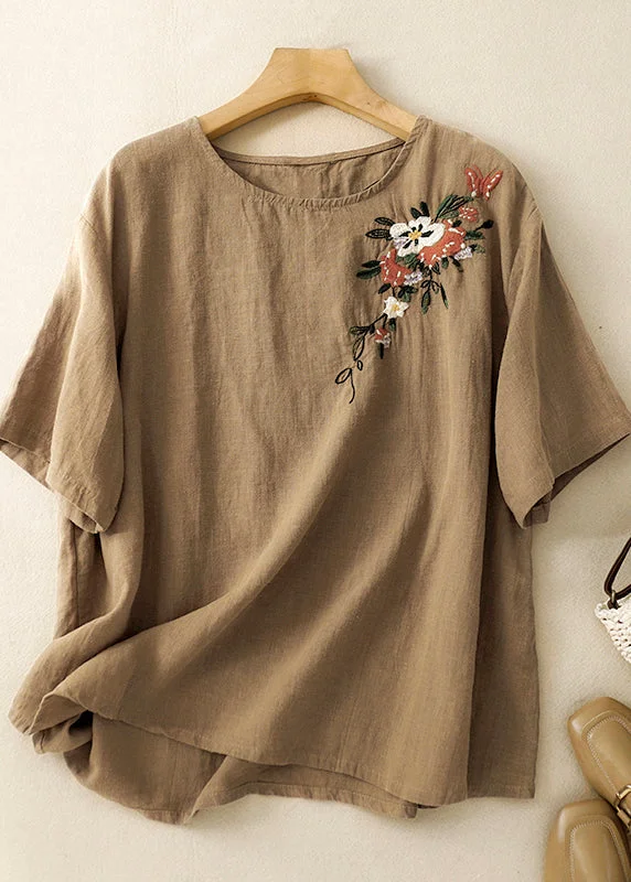 Glitter ShirtsBeautiful Khaki O Neck Embroidered Linen T Shirts Summer