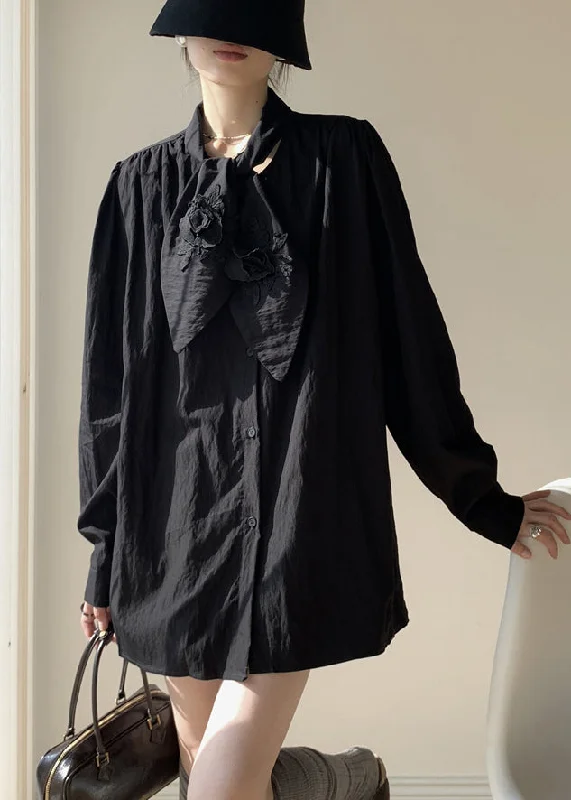 High-Fashion ShirtsBlack Button Solid Loose Cotton Fall Shirt Bow