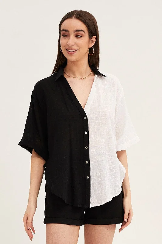 Casual ShirtsBlack Mono Cotton Half Sleeve Relaxed Shirt