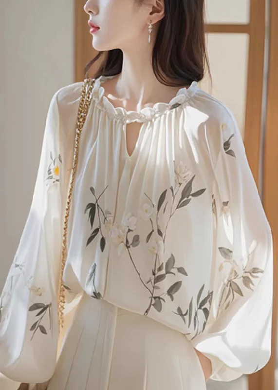 Studded ShirtsBohemian White Ruffled Print Chiffon Shirt Fall