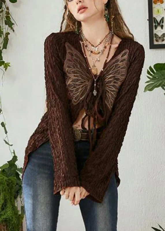 Bamboo ShirtsBoutique Brown Butterfly Lace Up Cotton T Shirt Top Fall