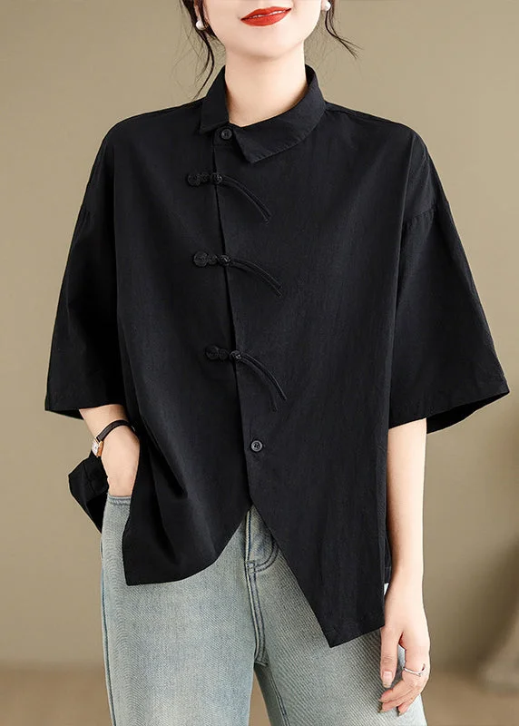 Sequined ShirtsBrief Black Peter Pan Collar Button Shirts Summer