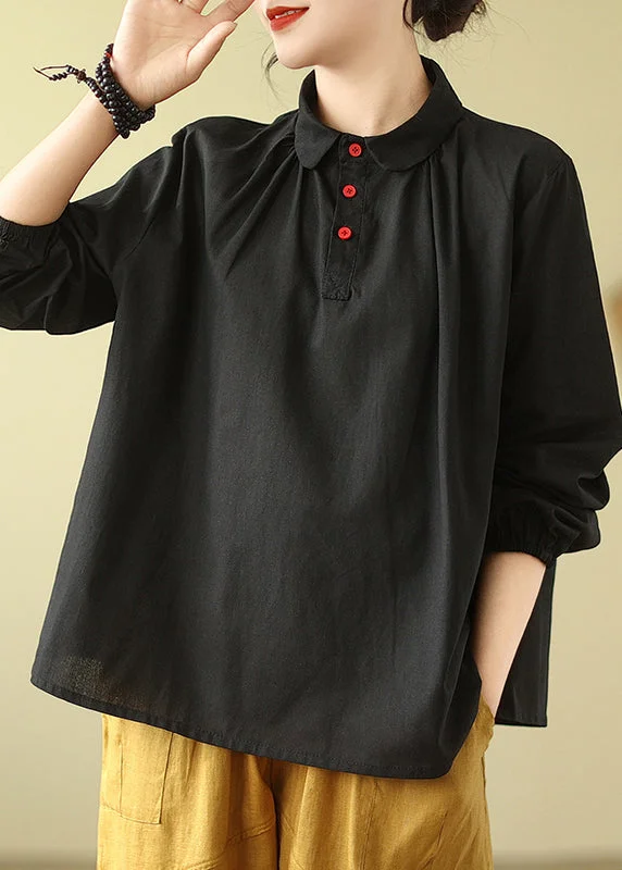 Metallic ShirtsCasual Black Peter Pan Collar Wrinkled Cotton Shirts Fall