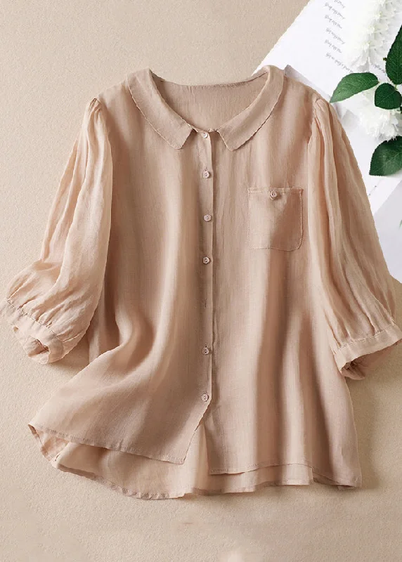 Tunic ShirtsCasual Pink Peter Pan Collar Button Linen Shirt Bracelet Sleeve