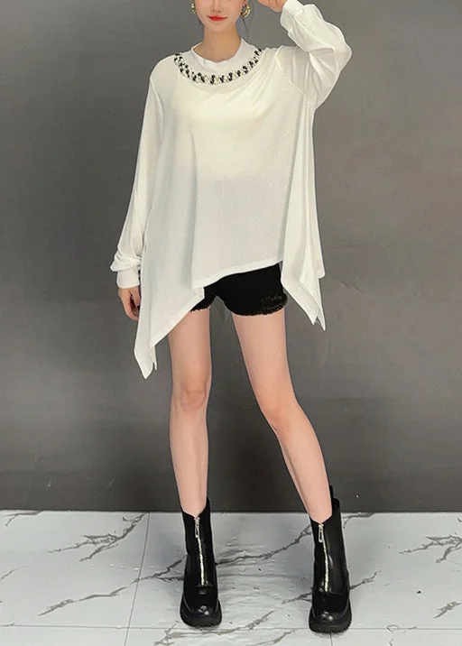 Tasseled ShirtsCasual White O-Neck Asymmetrical Cotton T Shirt Top Fall