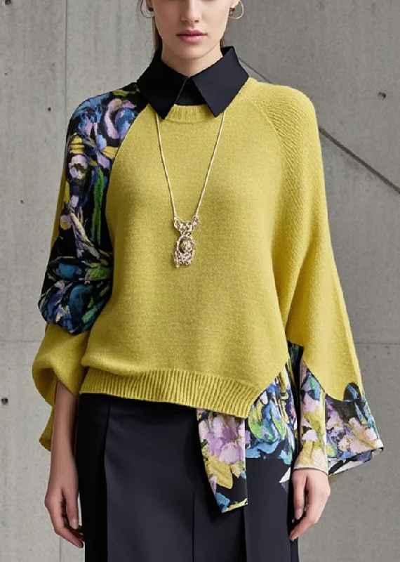 Lounge ShirtsChic Yellow Asymmetrical Patchwork Fake Two Piece Knit Shirts Fall