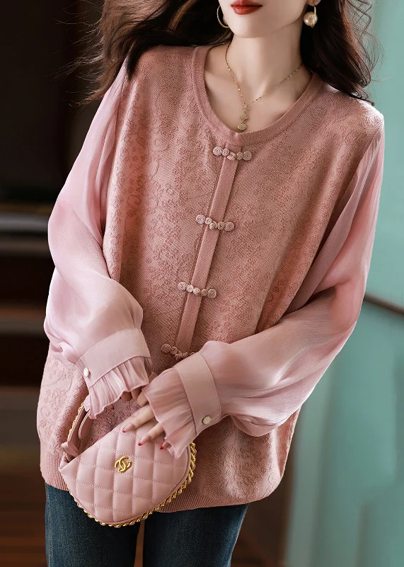 Sheer ShirtsClassy Pink O Neck Chiffon Jacquard Patchwork Knit Shirt Fall