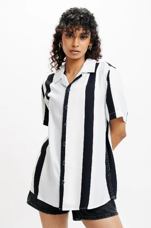 Fringed ShirtsDark Navy Blue Striped Printed Viscose Shirt