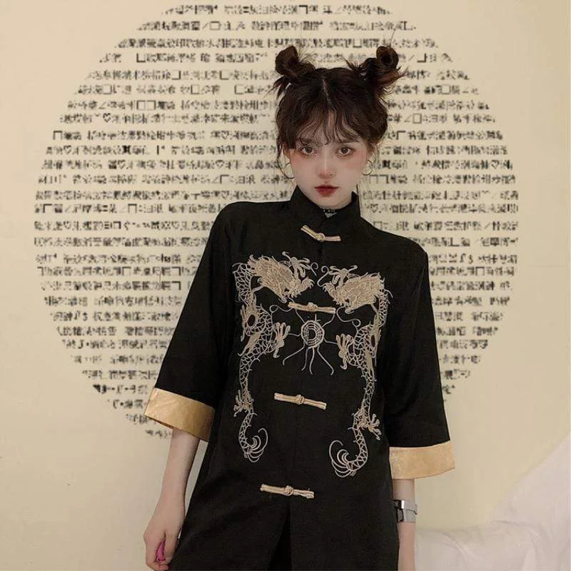 Painted ShirtsDragon Embroidered Stand Collar Cheongsam Shirt