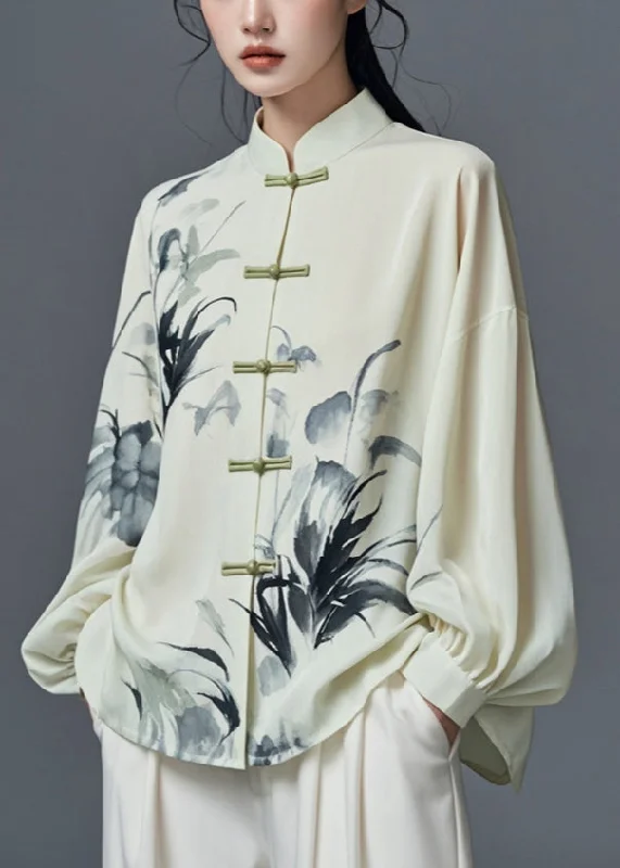 Festival ShirtsElegant Light Green Stand Collar Print Cotton Shirt Fall