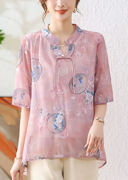 Formal ShirtsElegant Pink Chinese Button Print Chiffon Shirt Summer