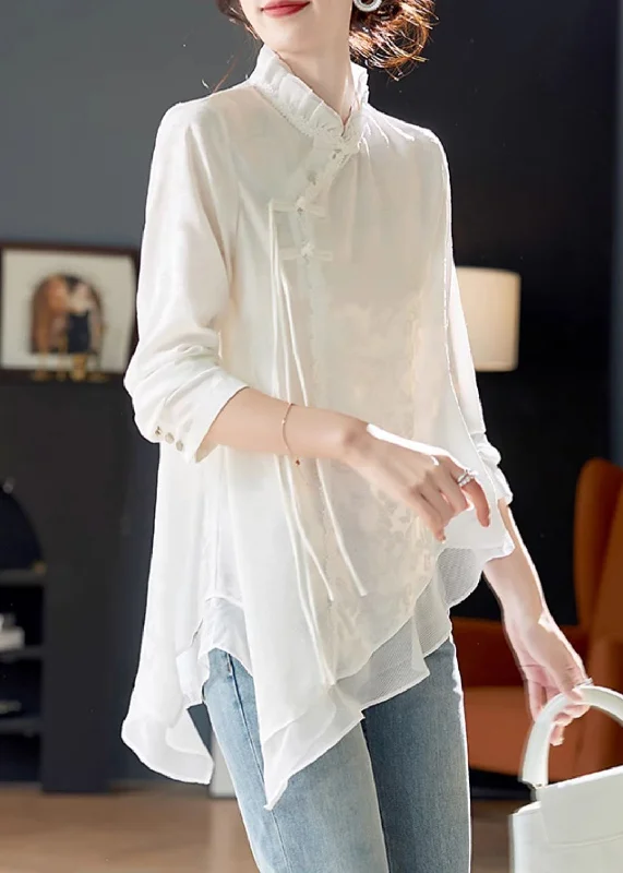 Layered ShirtsElegant White Ruffled Chinese Button Chiffon Shirt Long Sleeve