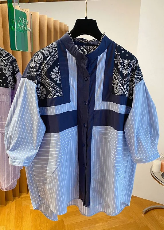 Satin ShirtsFashion Blue Stand Collar Print Patchwork Shirt Fall