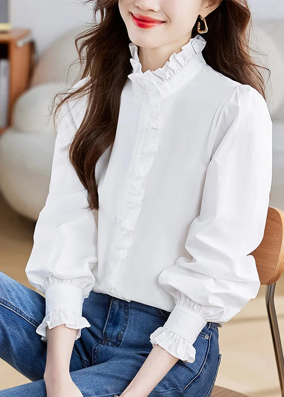 Longline ShirtsFashion White Stand Collar Ruffled Patchwork Button Shirt Puff Sleeve